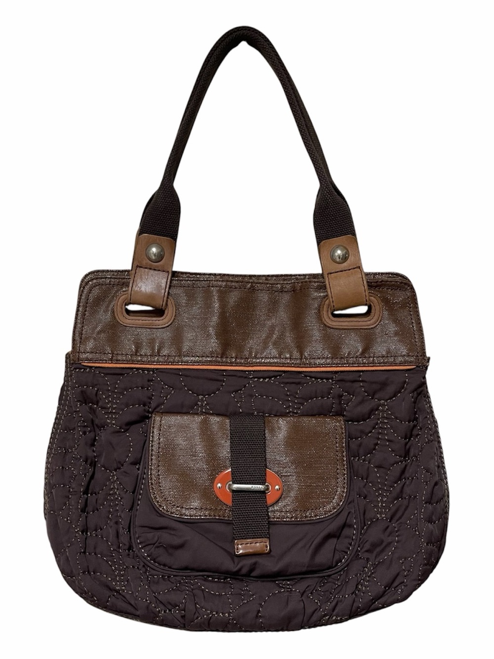 Y2K Quilted Shoulder Bag 
Purse Fossil Key-Per Cottagecore Leather Trim Brown